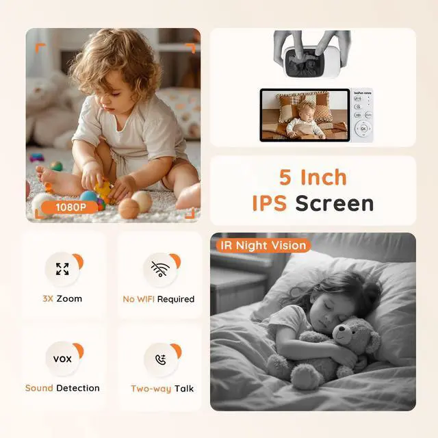 Alt view image 9 of 14 - 5" Baby Monitor No Wi-Fi,No-Glow Night Vision, Baby Camera with 1080P IPS Screen, Two-Way Audio,Temperature Monitoring, 3X Zoom, Lullabies,Sound Detection