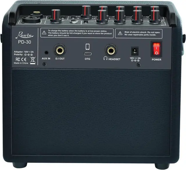 Alt view image 3 of 5 - Rowin 30W Acoustic Guitar Amplifier Multi-Function OTG BT Guitar Rechargeable Amp Reverb Chorus Effects Microphone Inputs Aux In (PD-30)