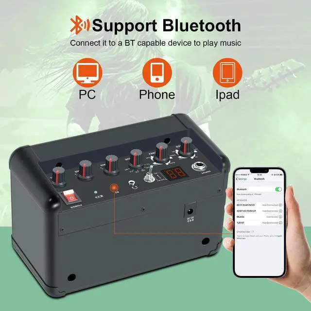 Alt view image 5 of 7 - Rowin PE-10 15W Amplifier For Electric Guitar Mini Multi-Functional AMP Hign-Performance Rechargeable Battery & Blutooth Connection With Adapter Inside