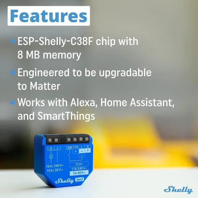 Alt view image 2 of 7 - Shelly 1 Gen3 | WiFi & Bluetooth Smart Relay Switch with Dry Contacts | 1-Channel 16A | Compatible with Google Home, Alexa & SmartThings | No Hub required | Home Automation