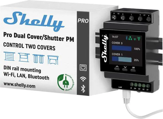 Main image of Shelly Pro Dual Cover/Shutter PM | LAN, Wi-Fi and Bluetooth Connection | Professional DIN Rail Smart Dual Cover/Shutter Controller | 2x 16 A Covers | Precise Power Metering | Home Automation