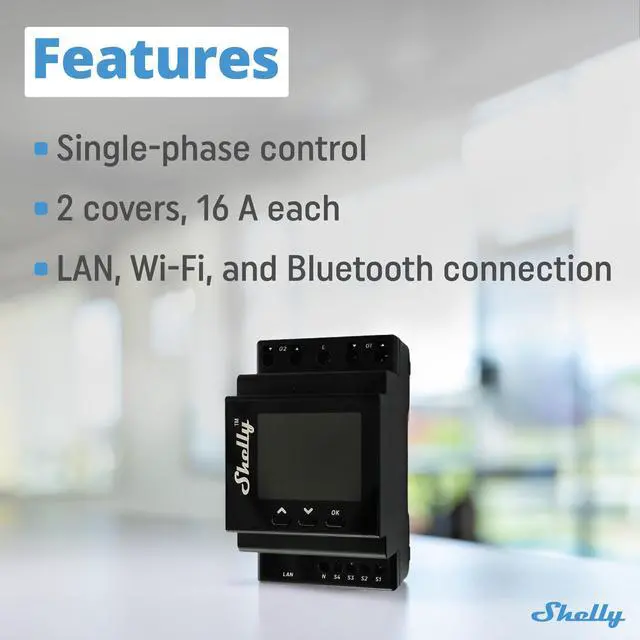 Alt view image 2 of 7 - Shelly Pro Dual Cover/Shutter PM | LAN, Wi-Fi and Bluetooth Connection | Professional DIN Rail Smart Dual Cover/Shutter Controller | 2x 16 A Covers | Precise Power Metering | Home Automation