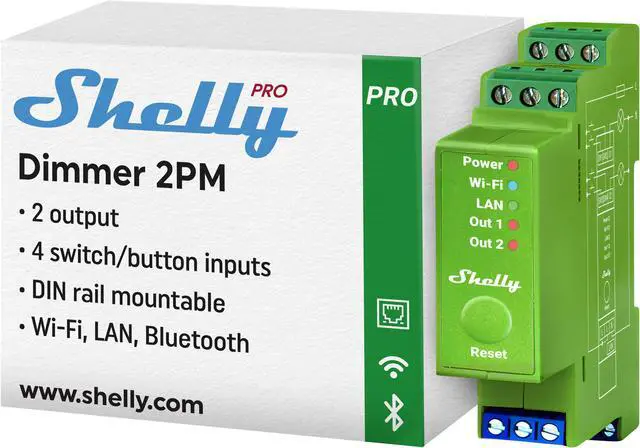 Main image of Shelly Pro Dimmer 2PM | Wi-Fi, LAN & Bluetooth 2-Channel Smart Dimmer | Power Metering | DIN Rail | Compatible with Google Home & Alexa | iOS & Android App | Dimmable Lights | Home Automation