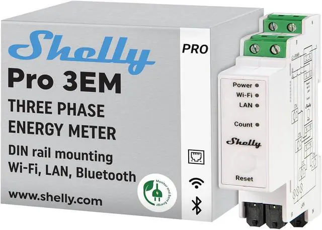 Main image of Shelly Pro 3EM (400A) | WiFi & Bluetooth 3-Phase Smart Energy Meter | 2-Way Consumption | Compatible with Google Home & Alexa | iOS & Android App | No Hub Required | Home Automation