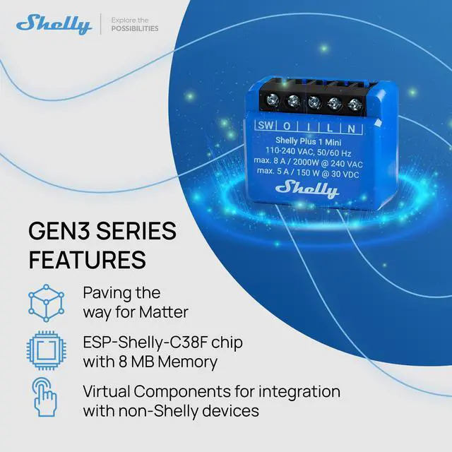 Alt view image 3 of 7 - Shelly 1 Mini Gen3 | Wi-Fi & Bluetooth Smart Relay Switch | 1 channel 8A | Compatible with Alexa & Google Home | Dry Contacts | No Hub Required