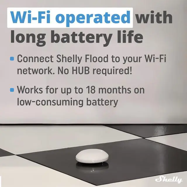 Alt view image 3 of 7 - Shelly Flood | Wireless Smart flood Sensor | Leaking & Dripping Alarm | Temperature Measurement | Floor Heating Control | iOS & Android App | Compact Design