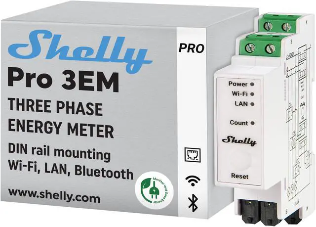 Main image of Shelly Pro 3EM (120A) | Wi-Fi & Bluetooth 3-Phase Smart Energy Meter | 2-Way Consumption | Compatible with Google Home & Alexa | iOS & Android App | No Hub Required | Home Automation