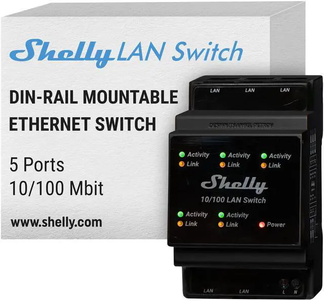 Main image of Shelly LAN Switch | 5 Port RJ45 10/100 Mbps Fast Ethernet Switch | DIN-Mountable | Fanless | Plug & Play | Energy-Saving | Easy Installation & Configuration | No Additional Adapter Required
