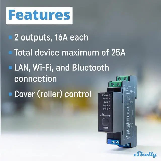 Alt view image 2 of 7 - Shelly Pro 2PM | Wi-Fi, Bluetooth & LAN | Professional 2-channels DIN rail smart relay | up to 25A with power metering | Compatible with Google Home &  Alexa | iOS & Android App | Home Automation