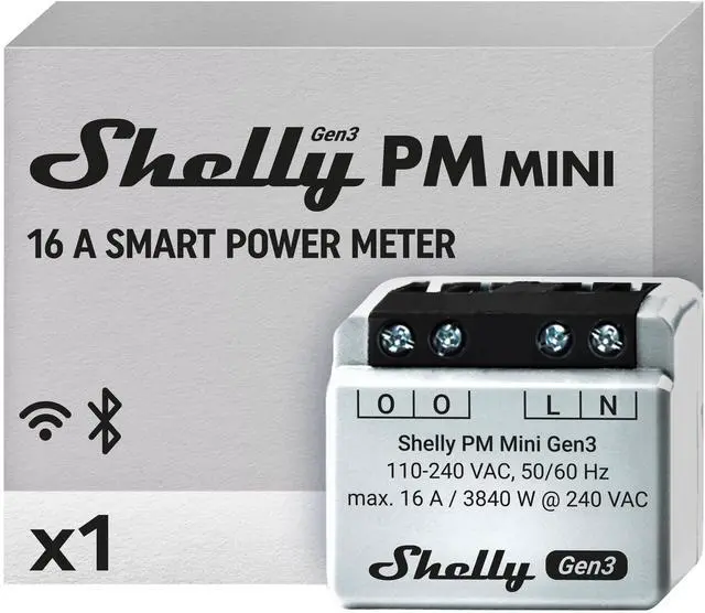 Main image of Shelly PM Mini Gen3 | WiFi & Bluetooth Smart Energy Meter | 1 Channel 16 A | Compatible with Google Home & Alexa | iOS & Android App | No Hub Required | Smart Schedules | Home Automation