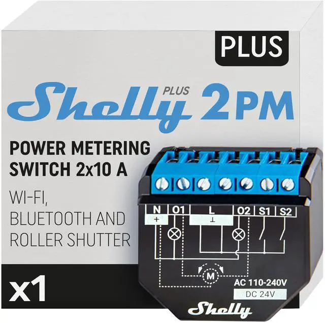 Main image of Shelly Plus 2PM UL | WiFi & Bluetooth 2 Channels Smart Relay Switch | Power consumption supporting up to 10A per channel and 16A total current (18A peak) | Google Home & Alexa | iOS & Android App