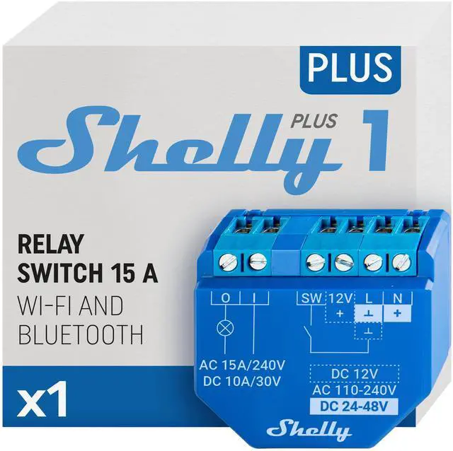 Main image of Shelly Plus 1 UL certified | Wi-Fi & Bluetooth Smart Relay Switch | Dry Contacts | Google Home, Alexa  & SmartThings Compatible | No Hub | Remote Control | Garage Door Opener | Home Automation