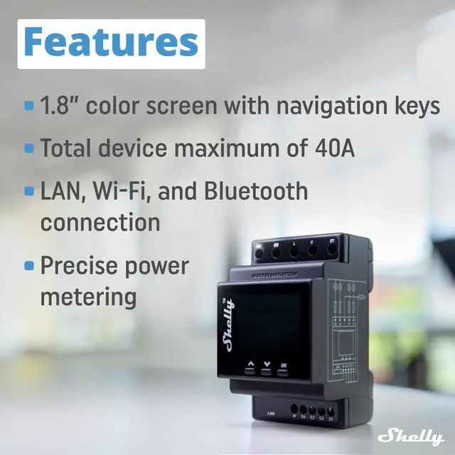 Alt view image 2 of 7 - Shelly Pro 4PM | Wi-Fi & LAN, 4-Channel Smart Relay | up to 40A | Power Metering | Compatible with Google Home & Alexa | iOS & Android App | Home Automation