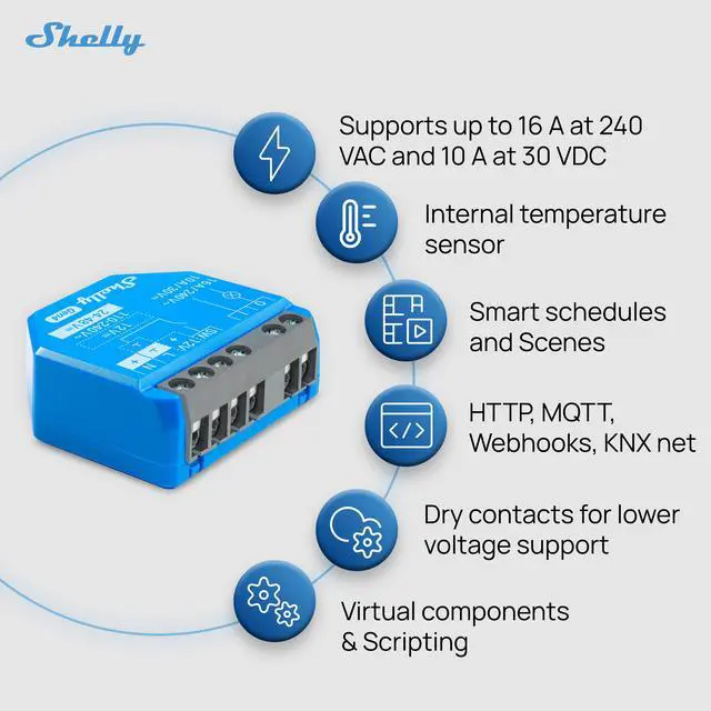Alt view image 2 of 7 - Shelly 1 Gen4 | WiFi, Bluetooth & Zigbee Smart Relay Switch with Dry Contacts | 1-Channel 16A | Compatible with Google Home, Alexa & SmartThings | No Hub required | Home Automation