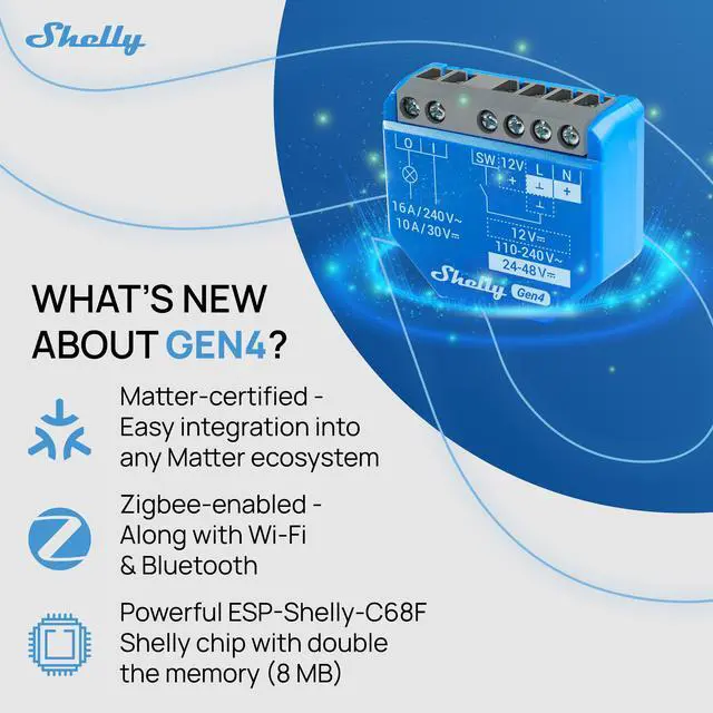 Alt view image 3 of 7 - Shelly 1 Gen4 | WiFi, Bluetooth & Zigbee Smart Relay Switch with Dry Contacts | 1-Channel 16A | Compatible with Google Home, Alexa & SmartThings | No Hub required | Home Automation
