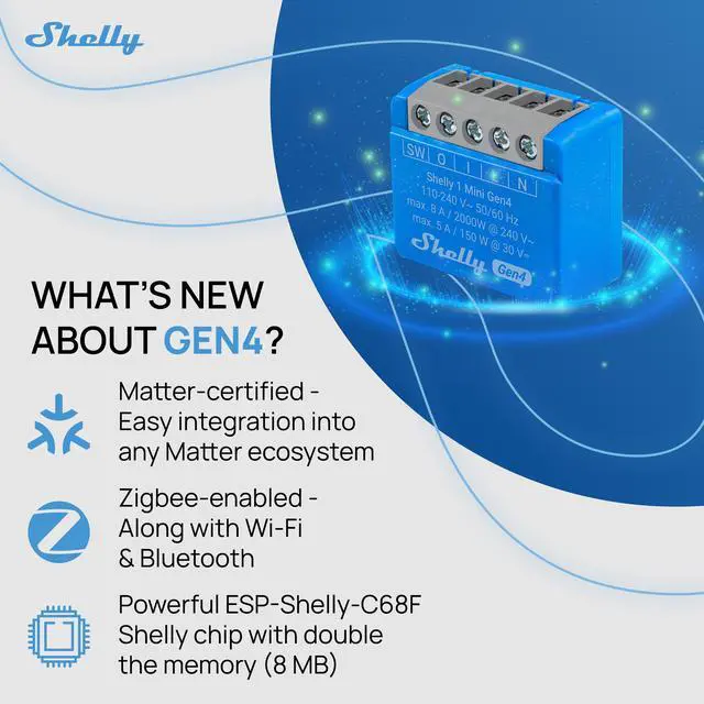 Alt view image 3 of 7 - Shelly 1 Mini Gen4 | Wi-Fi & Bluetooth Smart Relay Switch | 1 channel 8A | Compatible with Alexa & Google Home | Dry Contacts | No Hub Required