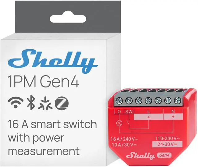 Main image of Shelly 1PM Gen4 | Smart Relay Switch with Power Metering | WiFi, Bluetooth & Zigbee | 1-Channel 16A | Compatible with Alexa & Google Home | iOS & Android App | No Hub | Home Automation