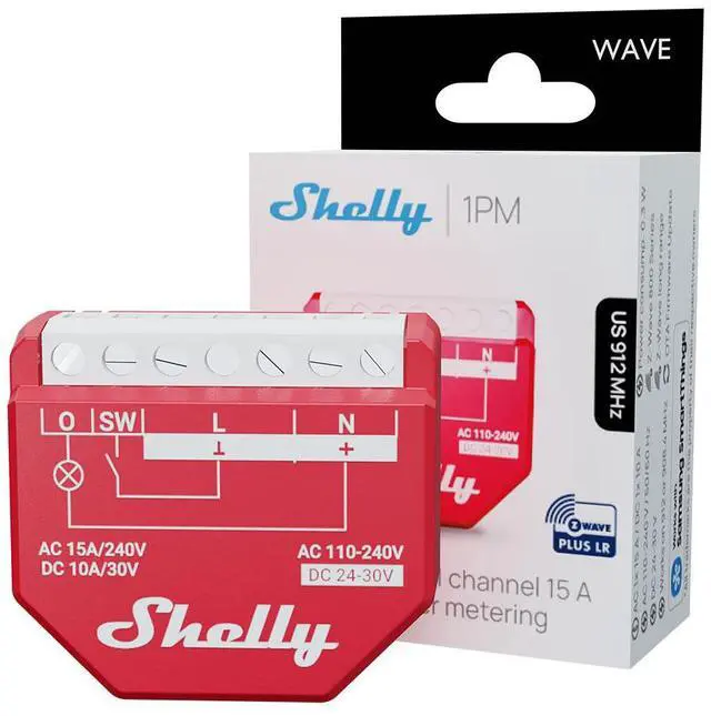Main image of Shelly Wave 1PM US LR UL | Z-Wave Long Range Smart Switch Relay, 1-Channel 15A with Power Metering | Compatible with iOS & Android App | Home Automation