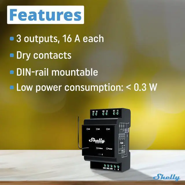 Alt view image 3 of 7 - Shelly Wave Pro 3 US LR | Z-wave Long Range 3-Channel Smart Switch | 16A | Dry Contacts | DIN-mountable | Home & Facility Automation
