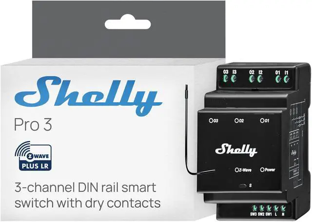 Main image of Shelly Wave Pro 3 US LR | Z-wave Long Range 3-Channel Smart Switch | 16A | Dry Contacts | DIN-mountable | Home & Facility Automation