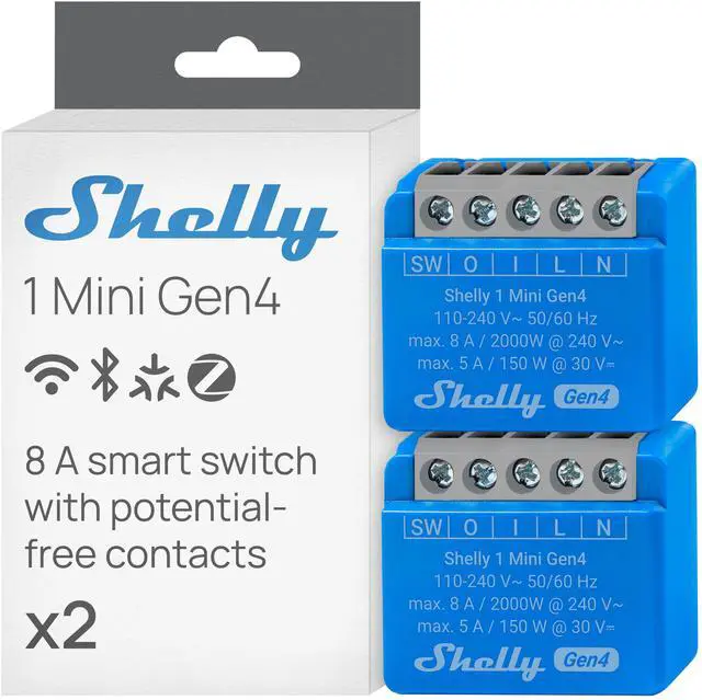 Main image of Shelly 1 Mini Gen4 | Wi-Fi & Bluetooth Smart Relay Switch | 1 channel 8A | Compatible with Alexa & Google Home | Dry Contacts | No Hub Required 2 pack