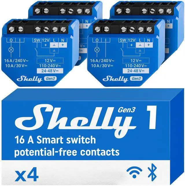 Main image of Shelly 1 Gen3 | WiFi & Bluetooth Smart Relay Switch with Dry Contacts | 1-Channel 16A | Compatible with Google Home, Alexa & SmartThings | No Hub required | Home Automation 4 pack