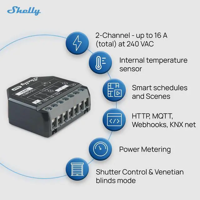 Alt view image 3 of 7 - Shelly 2PM Gen4 16A 2-Channel (2x10A) Smart Relay with Power Measurement (Wi-Fi, Matter & Zigbee)