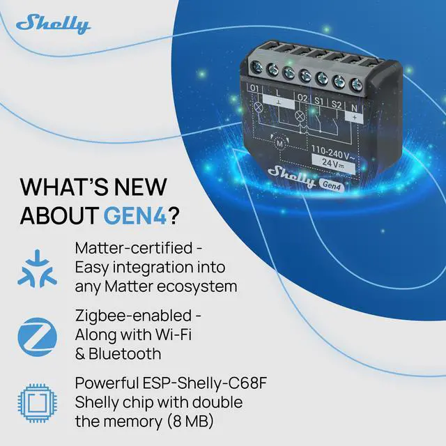 Alt view image 2 of 7 - Shelly 2PM Gen4 16A 2-Channel (2x10A) Smart Relay with Power Measurement (Wi-Fi, Matter & Zigbee)