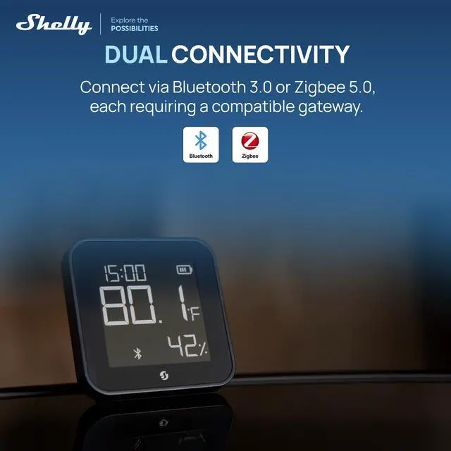 Alt view image 2 of 7 - Shelly BLU H&T Display ZB Black, Bluetooth & Zigbee Operated Temperature & Humidity Levels Sensor, E-Paper Display, Home Assistant, Alexa, Google Home, Real-Time Monitoring, Long-Life Battery