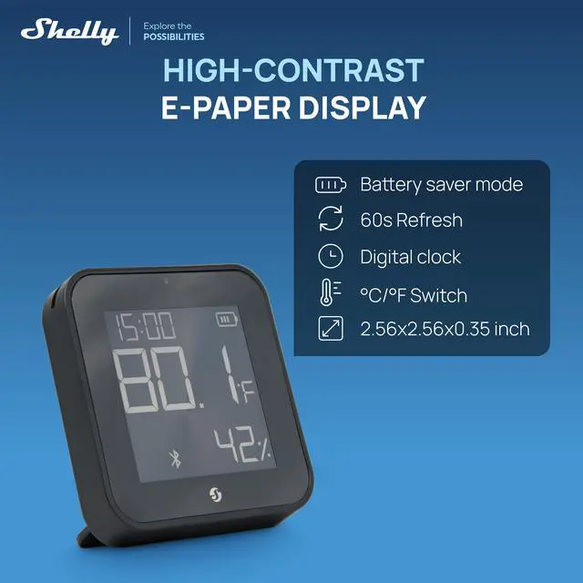 Alt view image 5 of 7 - Shelly BLU H&T Display ZB Black, Bluetooth & Zigbee Operated Temperature & Humidity Levels Sensor, E-Paper Display, Home Assistant, Alexa, Google Home, Real-Time Monitoring, Long-Life Battery