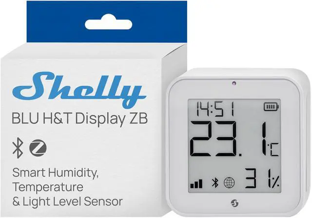 Main image of Shelly BLU H&T Display ZB White, Bluetooth & Zigbee Operated Temperature & Humidity Levels Sensor, E-Paper Display, Home Assistant, Alexa, Google Home, Real-Time Monitoring, Long-Life Battery