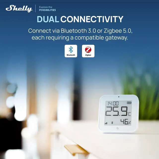 Alt view image 2 of 7 - Shelly BLU H&T Display ZB White, Bluetooth & Zigbee Operated Temperature & Humidity Levels Sensor, E-Paper Display, Home Assistant, Alexa, Google Home, Real-Time Monitoring, Long-Life Battery