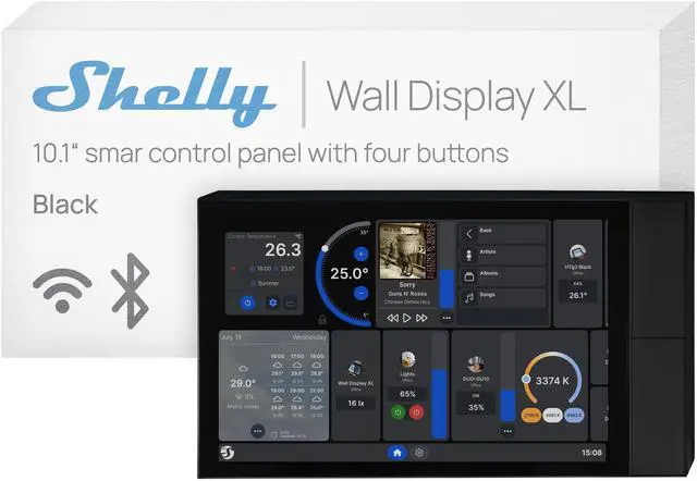 Main image of Shelly Wall Display XL Black 10.1" In-Wall Smart Home Control Panel, HD Touchscreen, Wi-Fi 6 Dual Band, Bluetooth 5.4, 5A Relay, 4 Custom Buttons, Speakers, Proximity & Lux Sensors