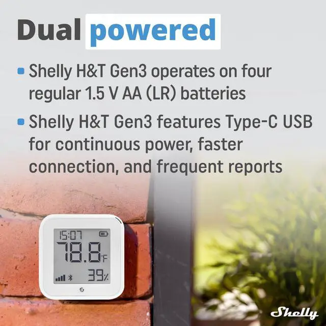 Alt view image 4 of 6 - Shelly H&T Gen3 White Wi-Fi Temperature & Humidity Sensor with E-Paper Display, USB-C Power Option, Bluetooth Setup