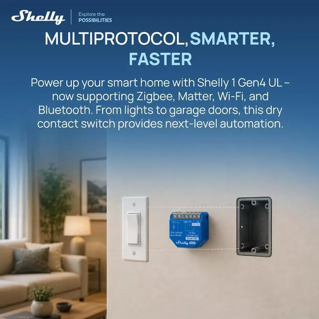 Alt view image 6 of 7 - Shelly 1 Gen4 UL, Wi-Fi, Zigbee & Matter Smart Relay Switch with Dry Contacts, 1-Channel 16A , Home Automation Alexa, SmartThings, Google Home, Garage Door Opener- 4 pack