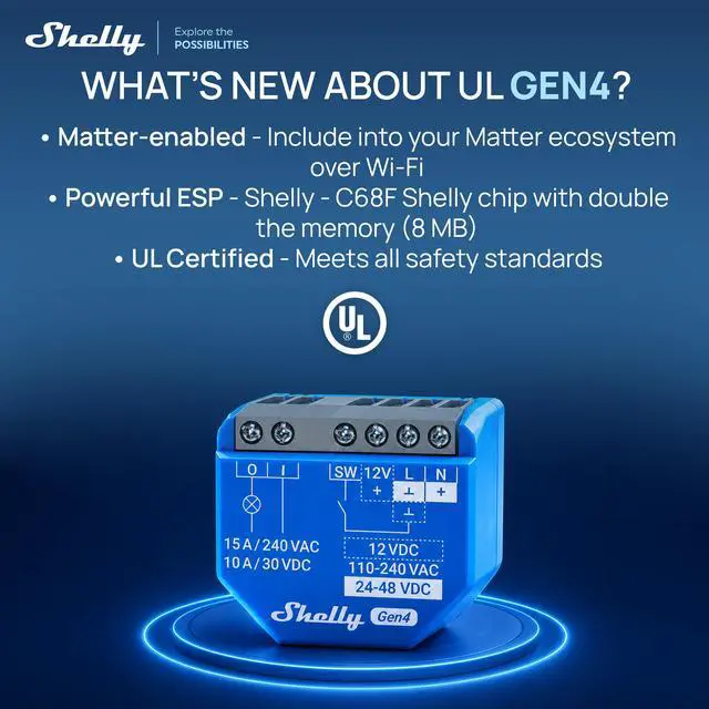Alt view image 2 of 7 - Shelly 1 Gen4 UL, Wi-Fi, Zigbee & Matter Smart Relay Switch with Dry Contacts, 1-Channel 16A , Home Automation Alexa, SmartThings, Google Home, Garage Door Opener- 4 pack