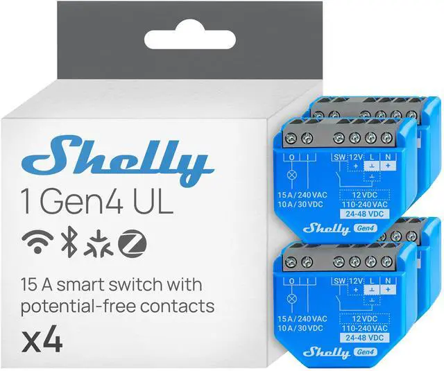 Main image of Shelly 1 Gen4 UL, Wi-Fi, Zigbee & Matter Smart Relay Switch with Dry Contacts, 1-Channel 16A , Home Automation Alexa, SmartThings, Google Home, Garage Door Opener- 4 pack