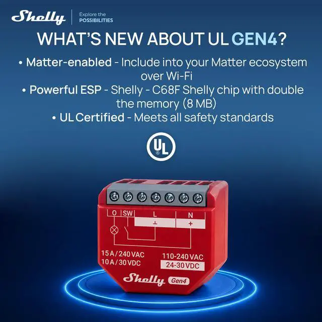 Alt view image 2 of 7 - Shelly 1PM Gen4 UL, Wi-Fi, Zigbee, Matter Smart Relay Switch with Power Metering, 1-Channel 16A, Home Automation, Alexa, SmartThings, Google Home, Apple HomeKit Compatible, iOS Android App, No Hub