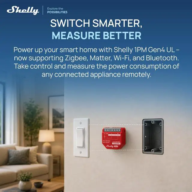 Alt view image 6 of 7 - Shelly 1PM Gen4 UL, Wi-Fi, Zigbee, Matter Smart Relay Switch with Power Metering, 1-Channel 16A, Home Automation, Alexa, SmartThings, Google Home, Apple HomeKit Compatible, iOS Android App, No Hub