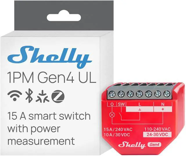 Main image of Shelly 1PM Gen4 UL, Wi-Fi, Zigbee, Matter Smart Relay Switch with Power Metering, 1-Channel 16A, Home Automation, Alexa, SmartThings, Google Home, Apple HomeKit Compatible, iOS Android App, No Hub