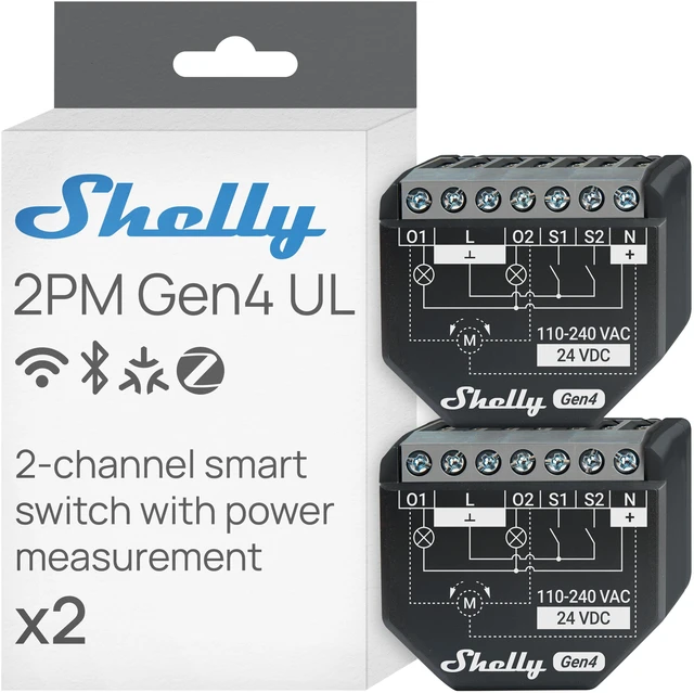 Main image of Shelly 2PM Gen4 UL, Wi-Fi, Zigbee & Matter 2-Channel Smart Relay Switch with Power Metering, Home Automation, Alexa, SmartThings, Google Home, Apple HomeKit, Roller Shutters Control- 2 pack
