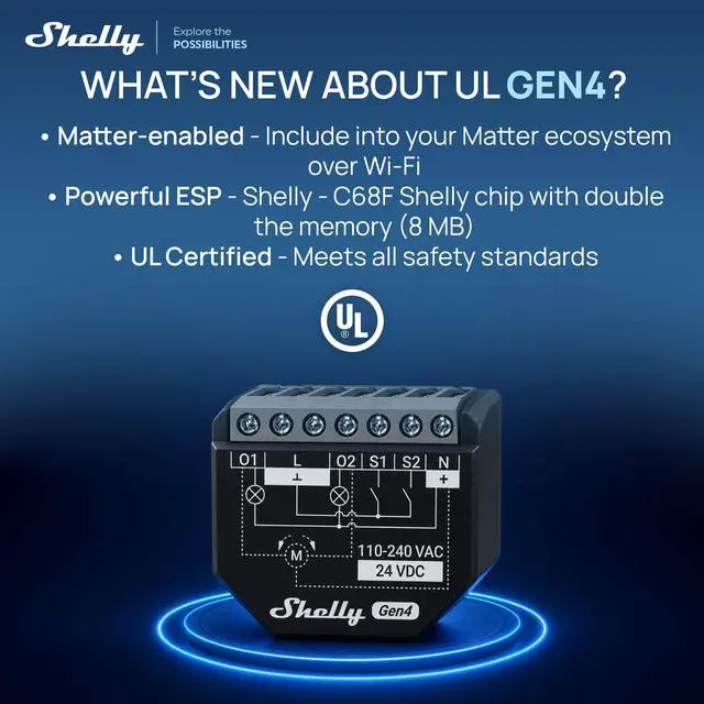 Alt view image 2 of 7 - Shelly 2PM Gen4 UL, Wi-Fi, Zigbee & Matter 2-Channel Smart Relay Switch with Power Metering, Home Automation, Alexa, SmartThings, Google Home, Apple HomeKit, Roller Shutters Control- 4 pack
