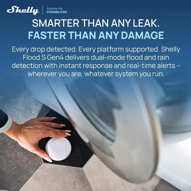 Alt view image 2 of 7 - Shelly Flood S Gen4 Smart Water Leak Sensor, Matter-over-Wi-Fi, Wi-Fi 6, Zigbee 3.0, Bluetooth 5 LE, IP67, CR123A Battery