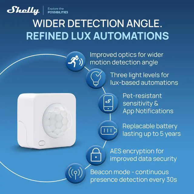 Alt view image 4 of 7 - Shelly BLU Motion ZB- PIR Motion & LUX Sensor, Zigbee 3.0, Bluetooth 5 LE, Long-lasting battery, Home Automation, Compatible with Google Home & Alexa