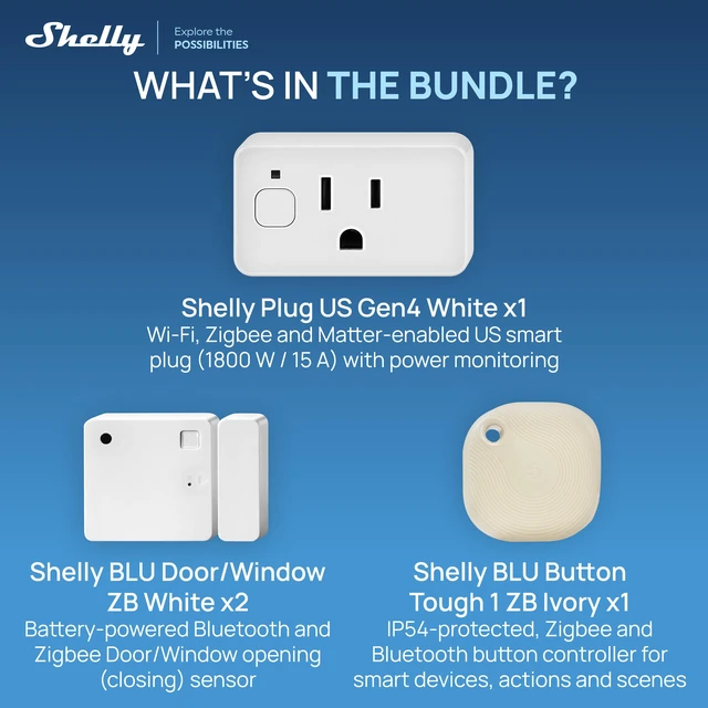 Alt view image 2 of 7 - Shelly Smart Home Security Bundle Plug US Gen4, BLU Button Tough 1 ZB & BLU Door/Window ZB Smart Plug, Wireless Button & Door Sensor with Energy Monitoring and Automation