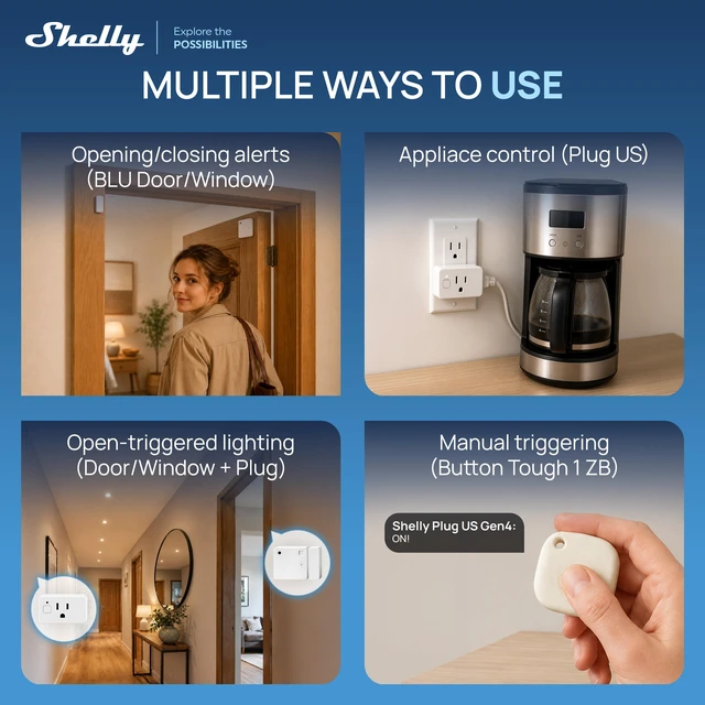 Alt view image 3 of 7 - Shelly Smart Home Security Bundle Plug US Gen4, BLU Button Tough 1 ZB & BLU Door/Window ZB Smart Plug, Wireless Button & Door Sensor with Energy Monitoring and Automation