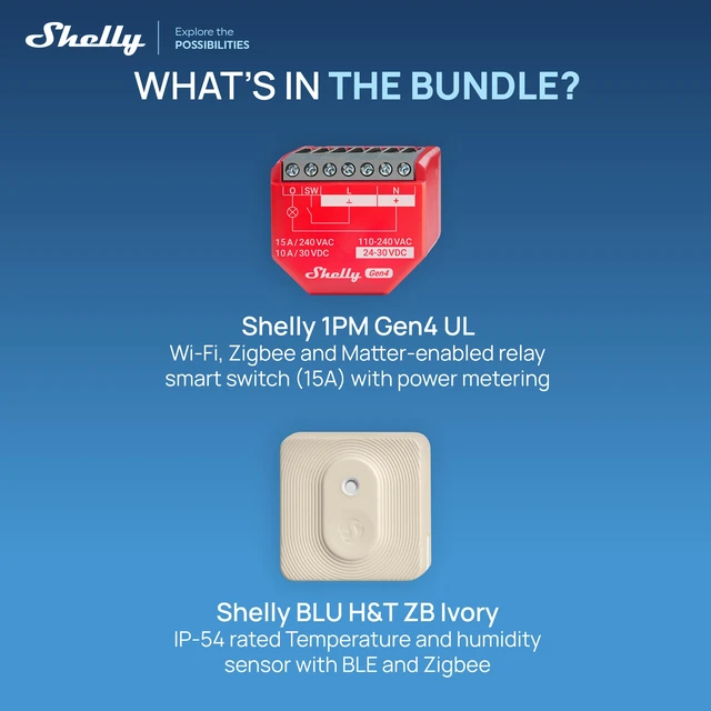Alt view image 2 of 7 - Shelly Smart Climate & Energy Bundle BLU H&T ZB Temperature & Humidity Sensor + 1PM Gen4 UL-Certified Smart Relay with Power Monitoring, Wi-Fi, Zigbee, Bluetooth & Matter