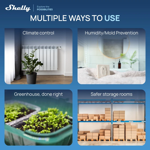 Alt view image 6 of 7 - Shelly Smart Climate & Energy Bundle BLU H&T ZB Temperature & Humidity Sensor + 1PM Gen4 UL-Certified Smart Relay with Power Monitoring, Wi-Fi, Zigbee, Bluetooth & Matter