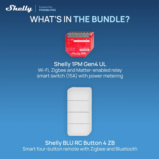 Alt view image 2 of 7 - Shelly Scene Control Bundle 1PM Gen4 UL-Certified Smart Relay with Power Monitoring + BLU RC Button 4 ZB Wireless Remote, Matter, Wi-Fi, Zigbee & Bluetooth