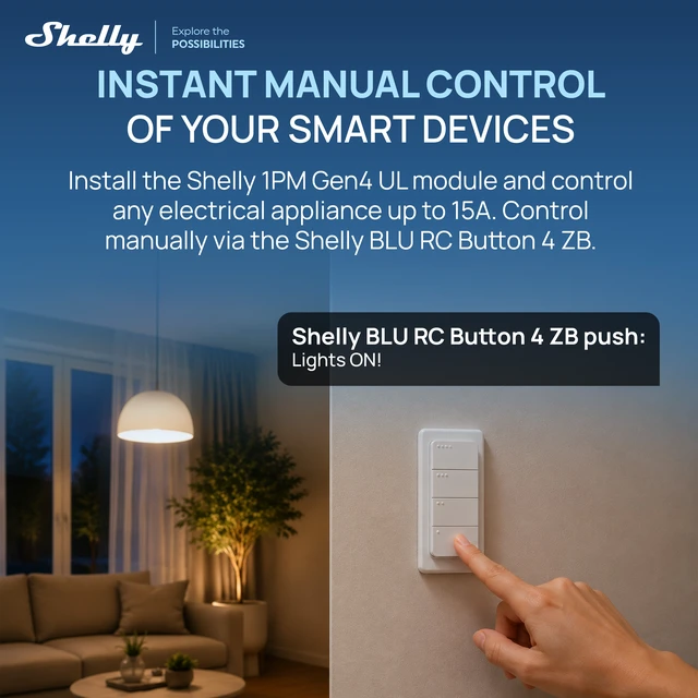 Alt view image 3 of 7 - Shelly Scene Control Bundle 1PM Gen4 UL-Certified Smart Relay with Power Monitoring + BLU RC Button 4 ZB Wireless Remote, Matter, Wi-Fi, Zigbee & Bluetooth